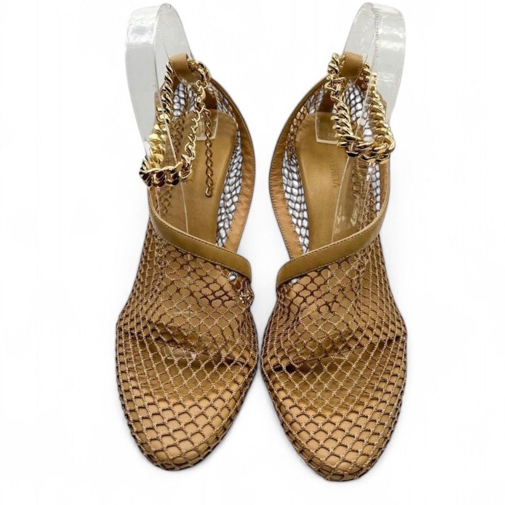Authentic BOTTEGA VENETA Tan Sand Tex Mesh Gold Trim Runway Sandals Size… - Picture 8 of 16